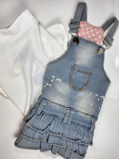 Overol de Denim con Volantes y Body Blanco