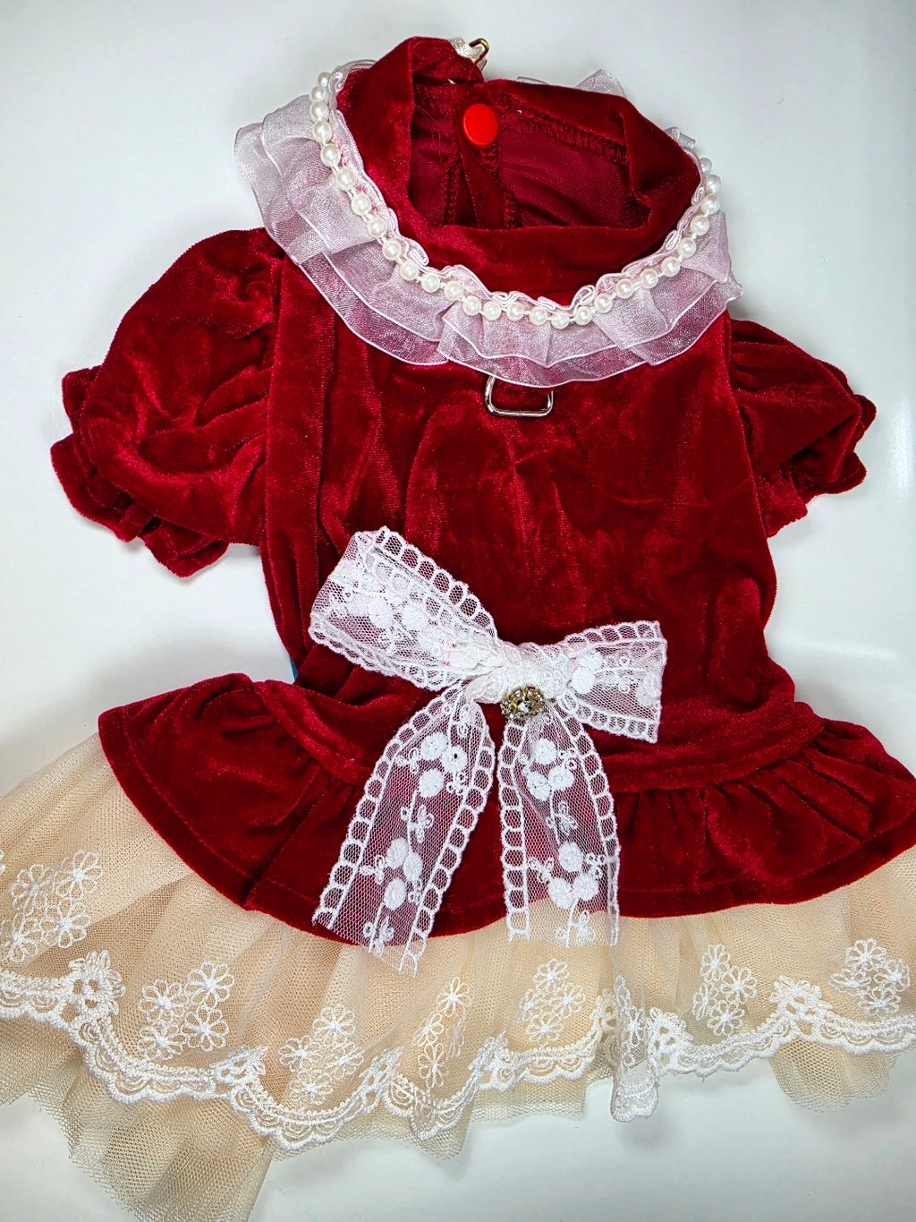 Vestido de Terciopelo Rojo con Encaje y Moño para Mascota